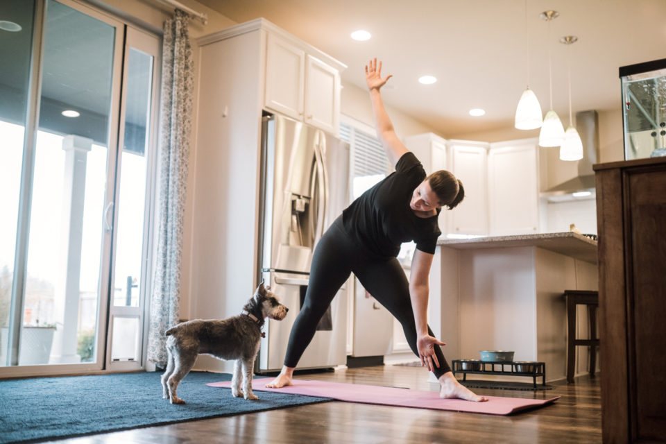 Woman Doing Home Fitness Exercises With Her Dog