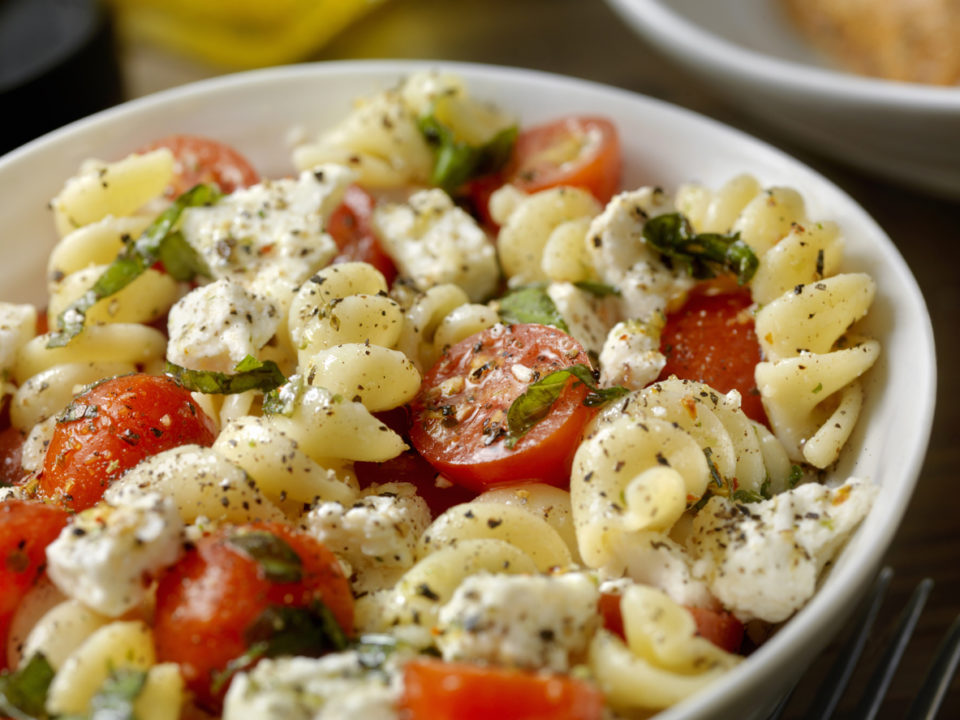 Tomato and Feta, Pasta Salad with Freshly Chopped Basil and Goat Cheese