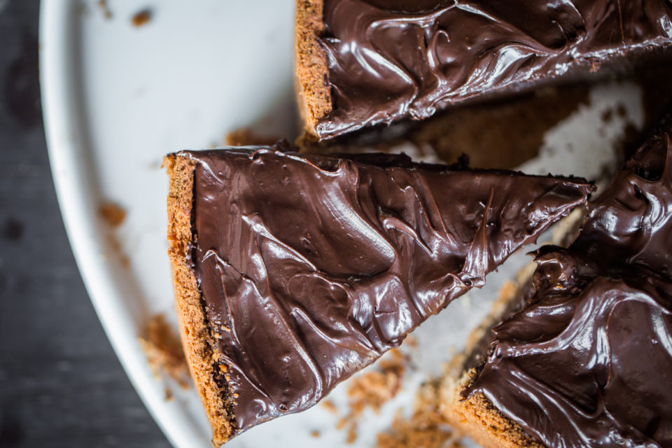 close up slice of chocolate pie.