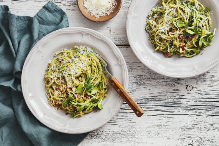 Pesto vegetable pasta ready to be served