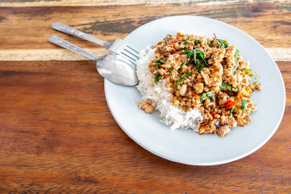 Rice topped with pork stir fry