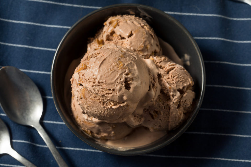 Homemade Chocolate Peanut Butter Ice Cream in a Bowl