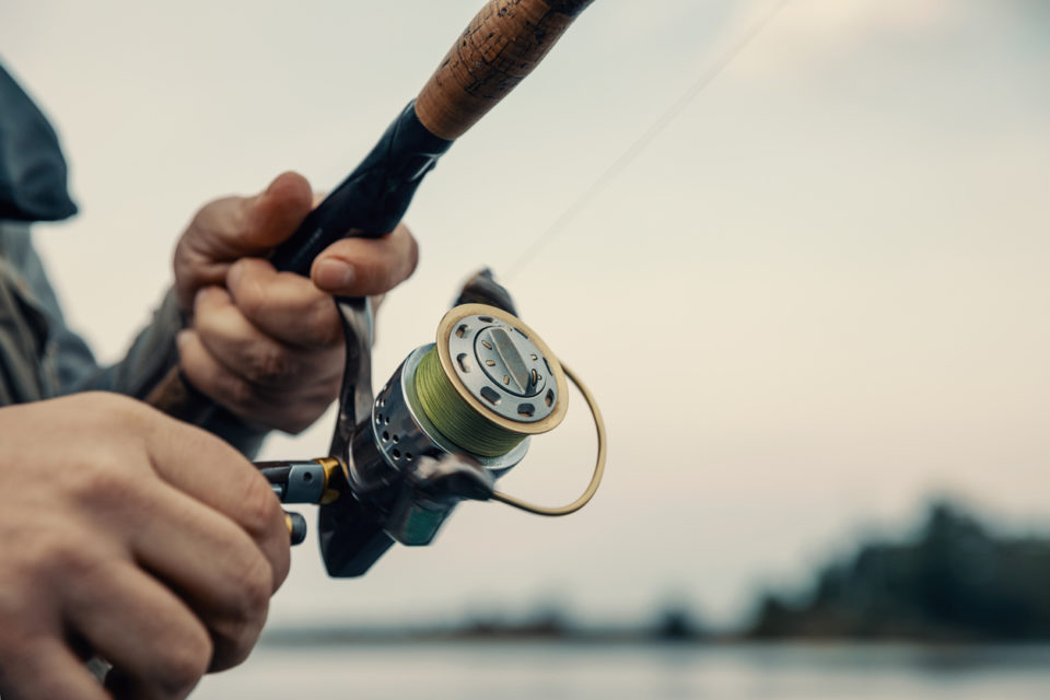 Fishing rod with a spinning reel in the hands of a fisherman.