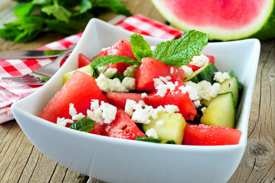 Watermelon, cucumber and feta cheese salad, close up