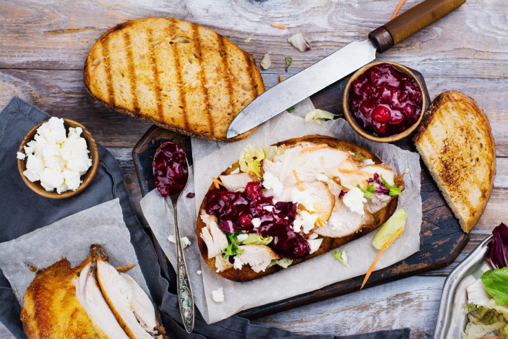 Homemade turkey leftover sandwich with cranberry sauce