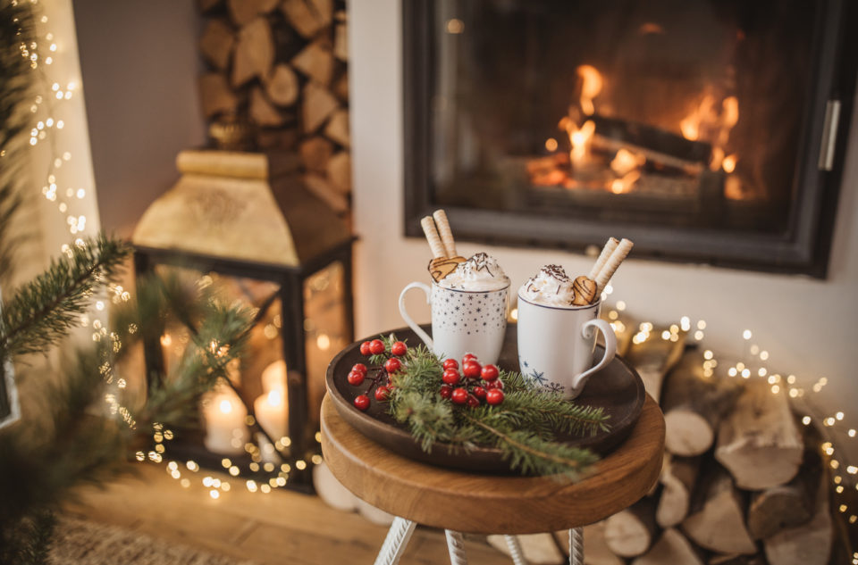 Cozy living room winter interior with fireplace