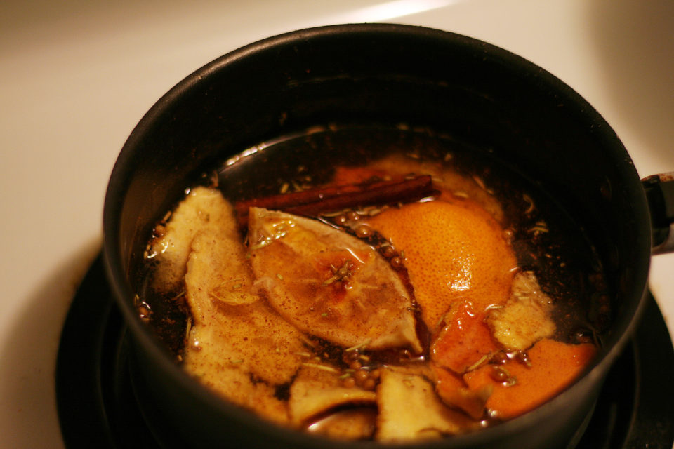 Herbs simmering in a pot