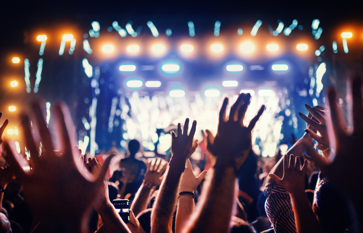 Rear view of large group of people enjoying a concert performance. There are many raised hands in front of the camera.