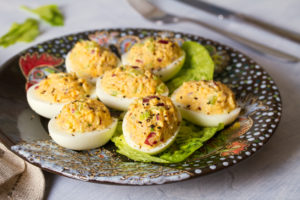 Deviled eggs. Stuffed egg halves, appetizer